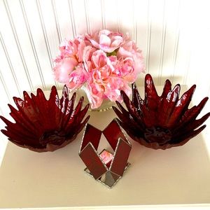 Bundle Of 2 Red Glass Decorative Bowls & Red Stained Glass Candle Holder